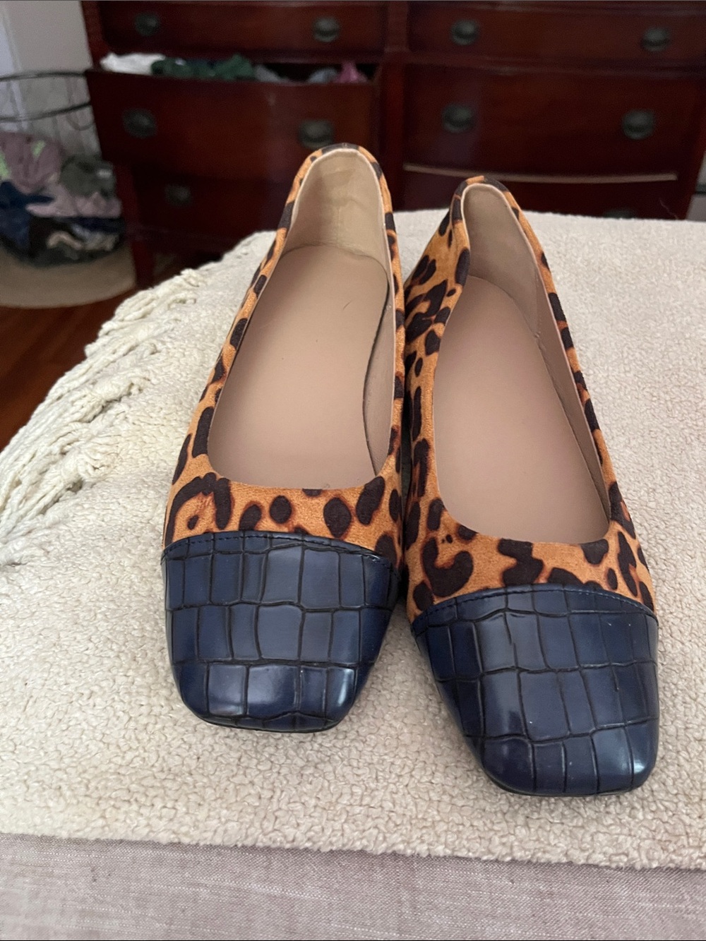 Leopard Print and Black Croc-Effect Women's Flats